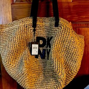 New DKNY  Paloma Woven Straw Tote with Black  Leather Handels $148